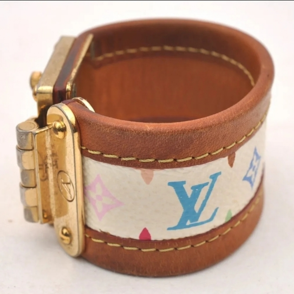 Auth Louis Vuitton Multicolor Monogram White Leather BRACELET LV 7" - Picture 7 of 16